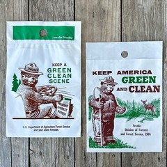 2 Diff Original Plastic SMOKEY THE BEAR LITTER Bag 1960s GREEN CLEAN Trash Sack