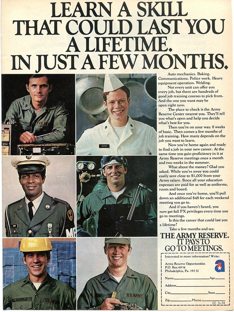 1974 U.S. Army Reserve Learn A Skill That Could Last A Lifetime Recruiting Ad