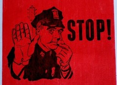 Policeman Blowing Whistle «Stop» screen printed on red felt 60s? 14″x9″