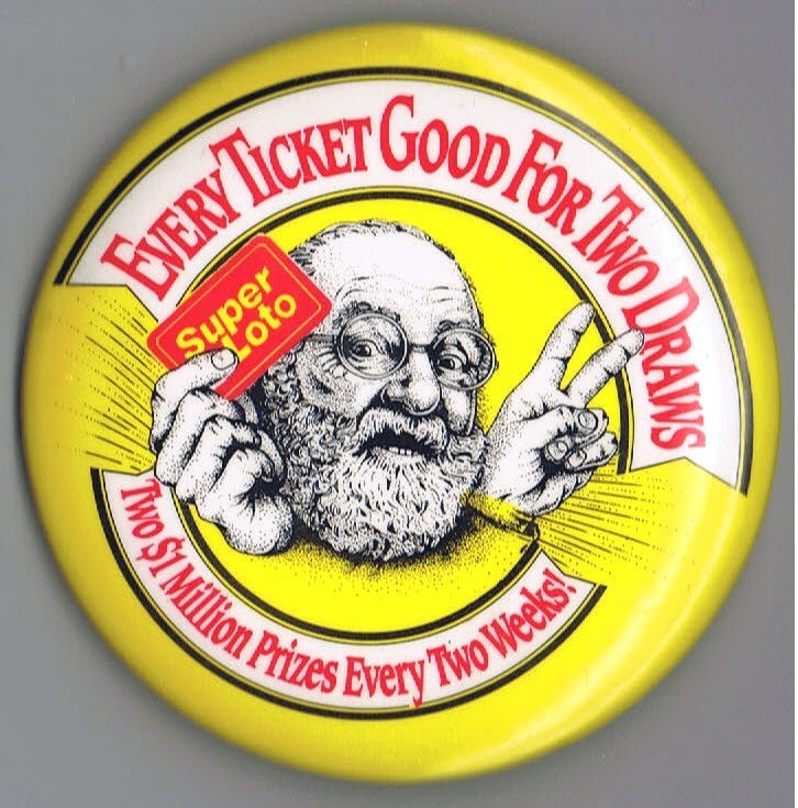 SuperLoto 1980s National Lottery of Canada 3.5″ Advertising Pinback Button Beard