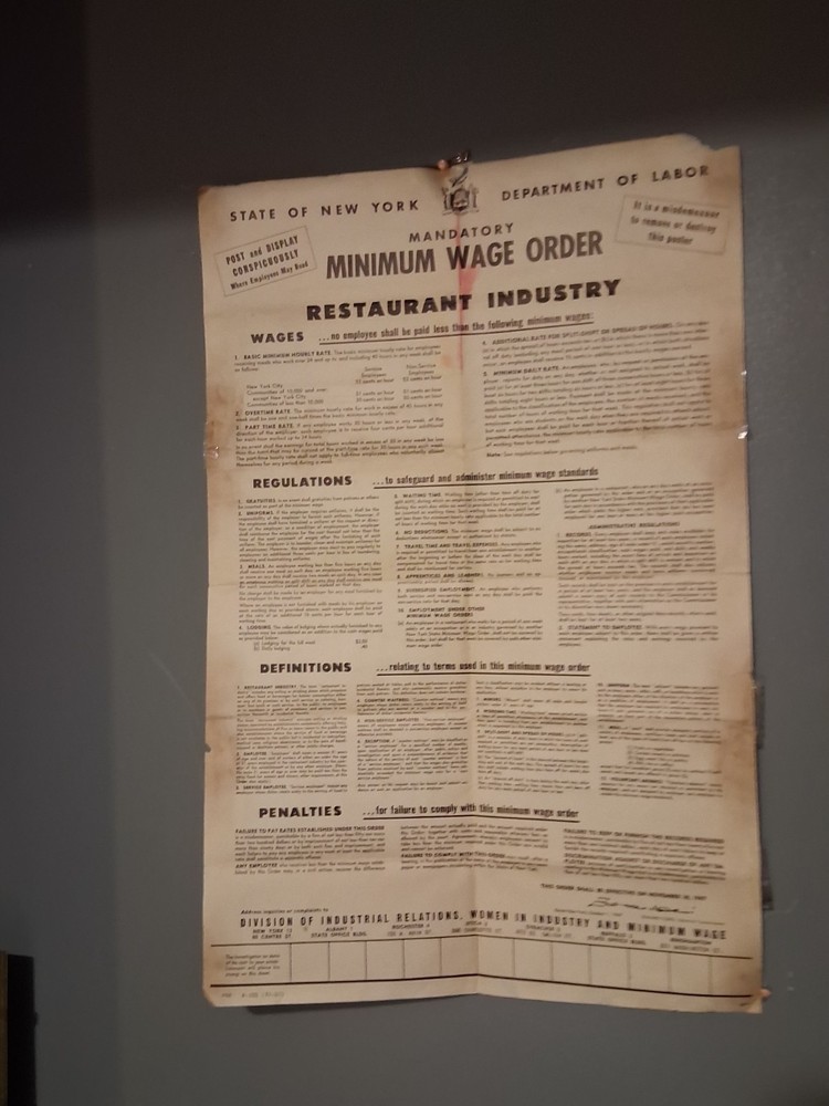 Vintage Oct 1st 1947 New York State Mandatory Minimum Wage Restaurant Ind 26×17