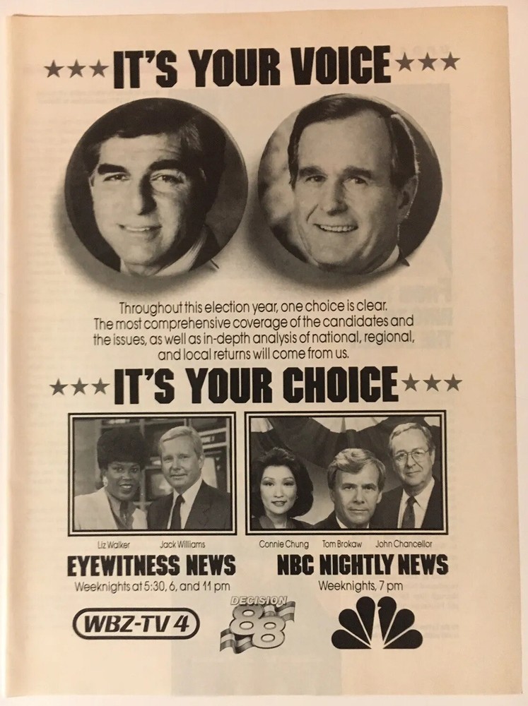 Bush Dukakis Presidential Election NBC News 1988 Vintage Print Ad 8×11 Inches