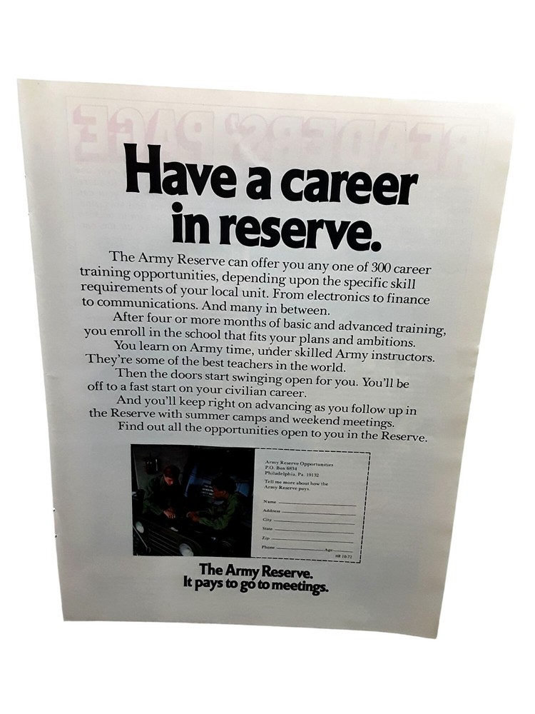 1972 U.S. Army Reserve Vintage Print Ad Career Training Recruitment