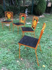Carnival folk Art Haunted House Cast Iron Wood Back Halloween Chair Set Of 4