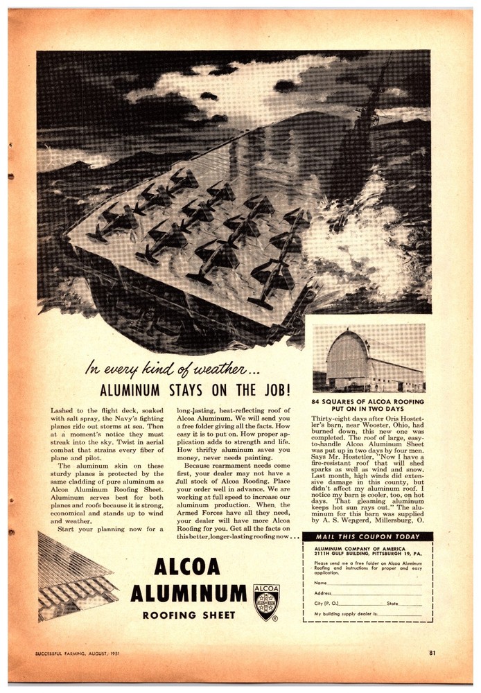 Original 1951 Alcoa Aluminum US Navy Print Ad (8in x 11in) Advertisement
