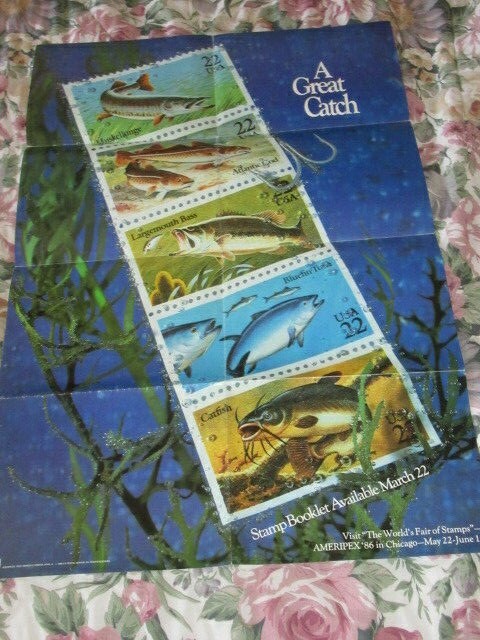 USPS FISH Stamp POSTER Cod Bass Catfish Blufin Tuna 1986 Postal paper 22 cent