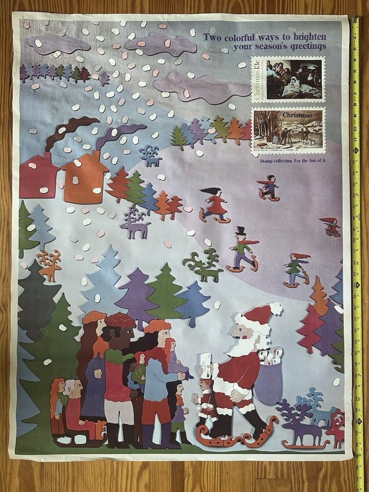 Vintage Original 1976 Christmas USPS Post Office Lobby Stamp Poster Santa Snow