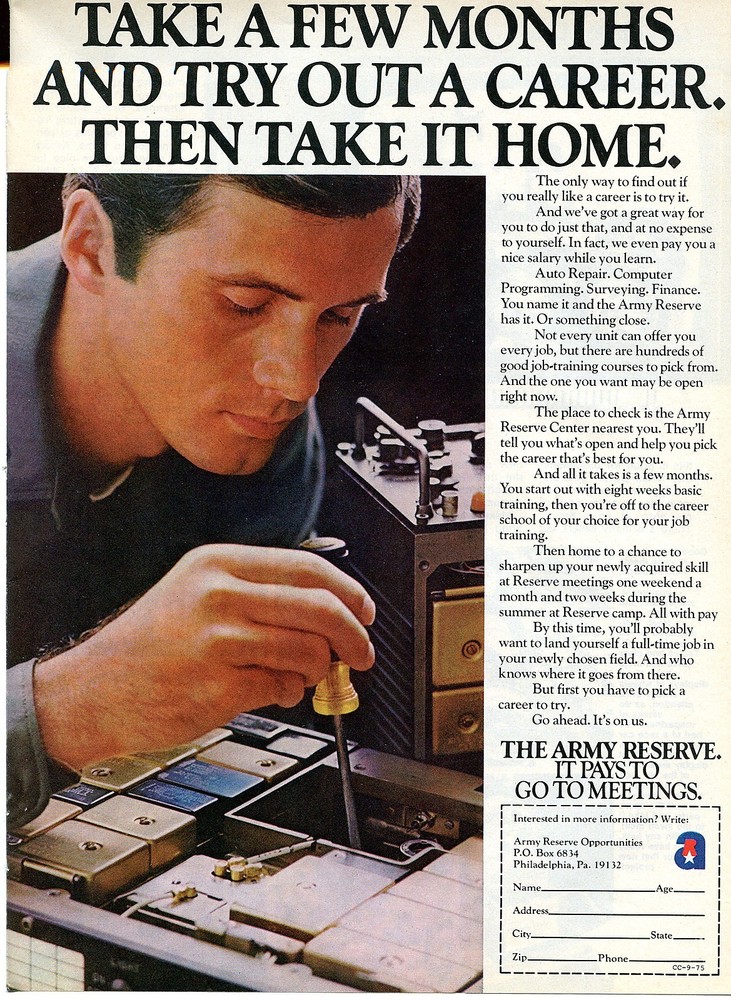 1975 US Army Reserve Try Out A New Career Recruiting Print Ad