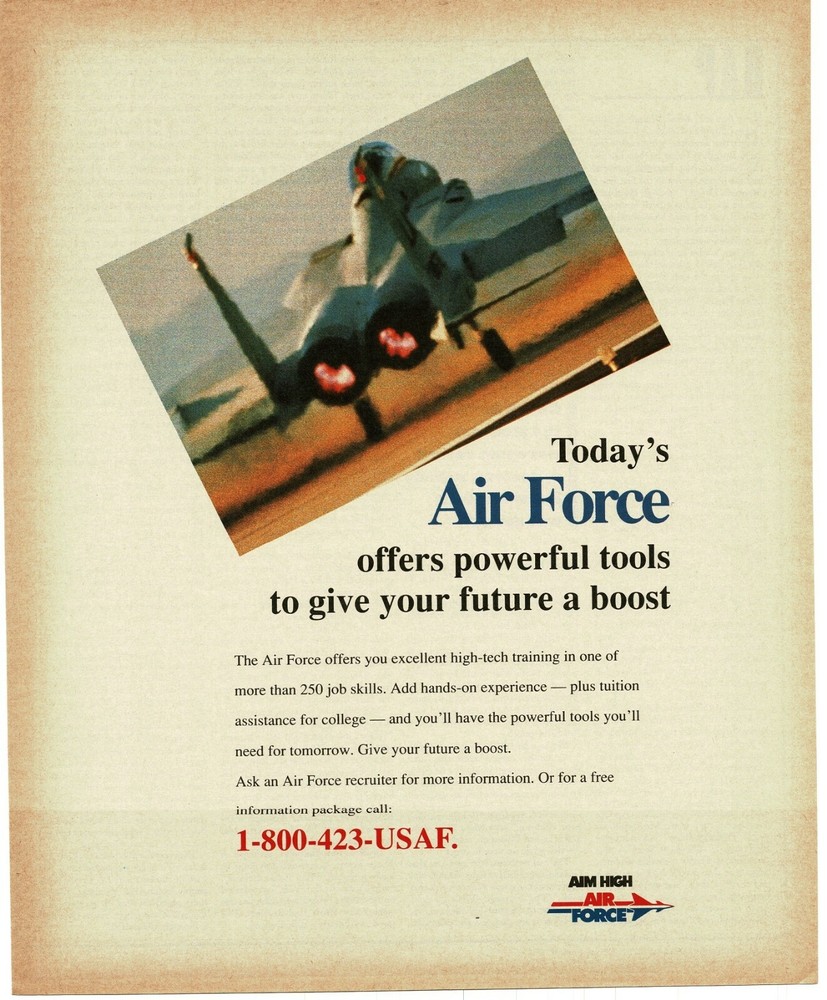 1994 US AIR FORCE Recruiting Enlistment jet fighter rear view Vintage Print Ad