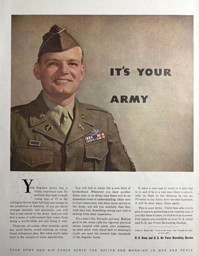 Army Airforce Recruiting Service Serve Nation Mankind War VTG Print Ad 1947