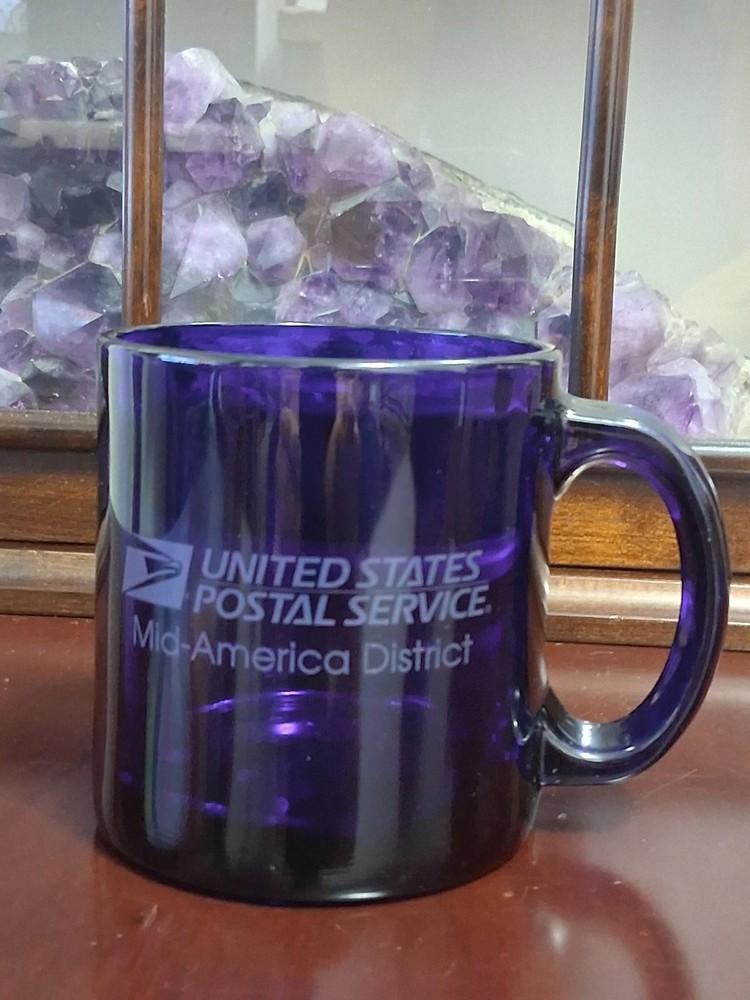 USPS Cobalt Blue Glass Mug Mid-America District Etched Logo Made in USA