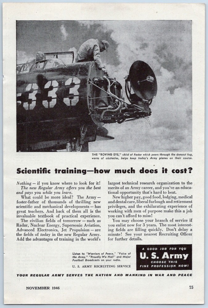1946 US Army Recruiting Service Vintage Ad Roving Eye Airplane Radar Aviation