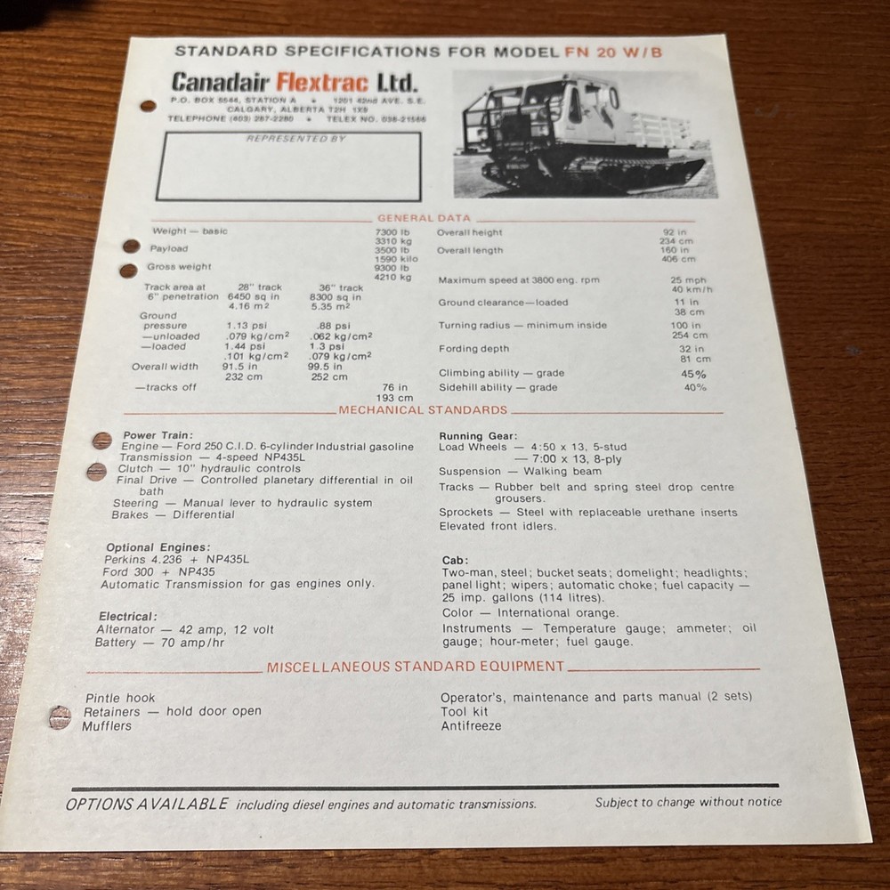 VTG Canadair Flextrac FN 20 W/B Military Vehicle Brochure Sheet Ford Engine