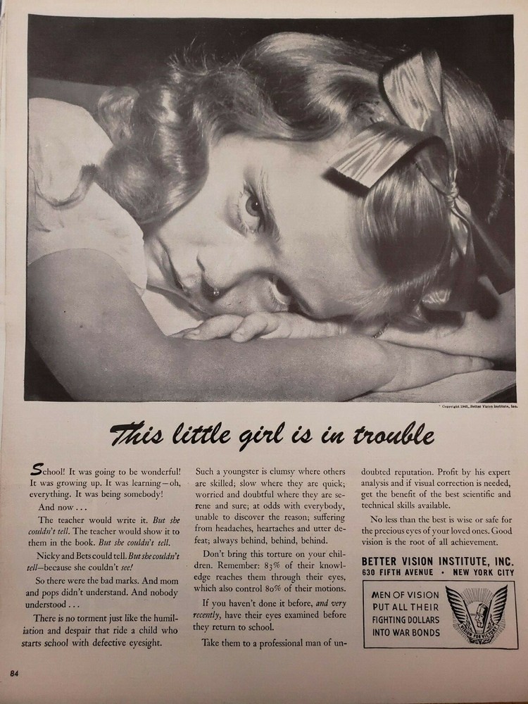 Lot of 2 Vintage 1943 Better Vision Institute Print Ad Ephemera Art Decor