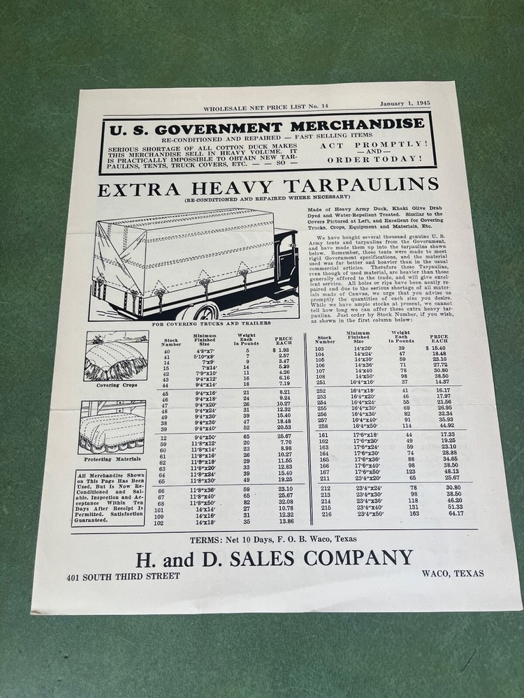 H & D US Government Surplus Merchandise Sales Brochure Waco Texas