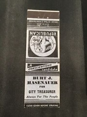 Burt J Hasenauer City Treasurer Republican Elephant GOP Election Matchbook Cover