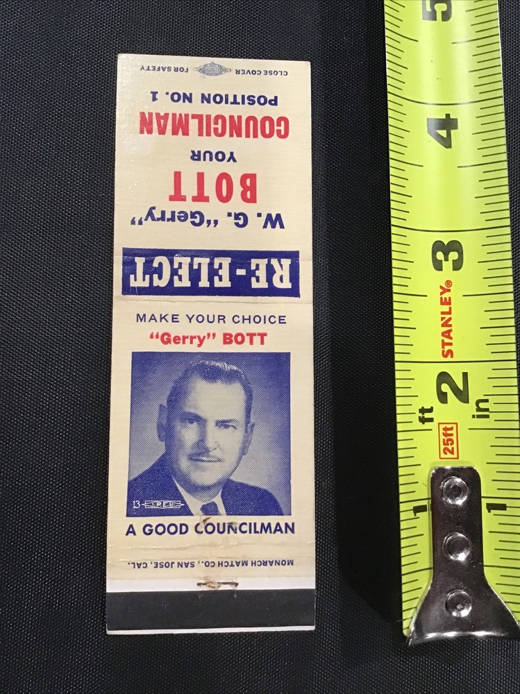 WG Gerry Bott Coyncilman Position No 1 Election Matchbook Cover