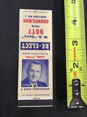 WG Gerry Bott Coyncilman Position No 1 Election Matchbook Cover