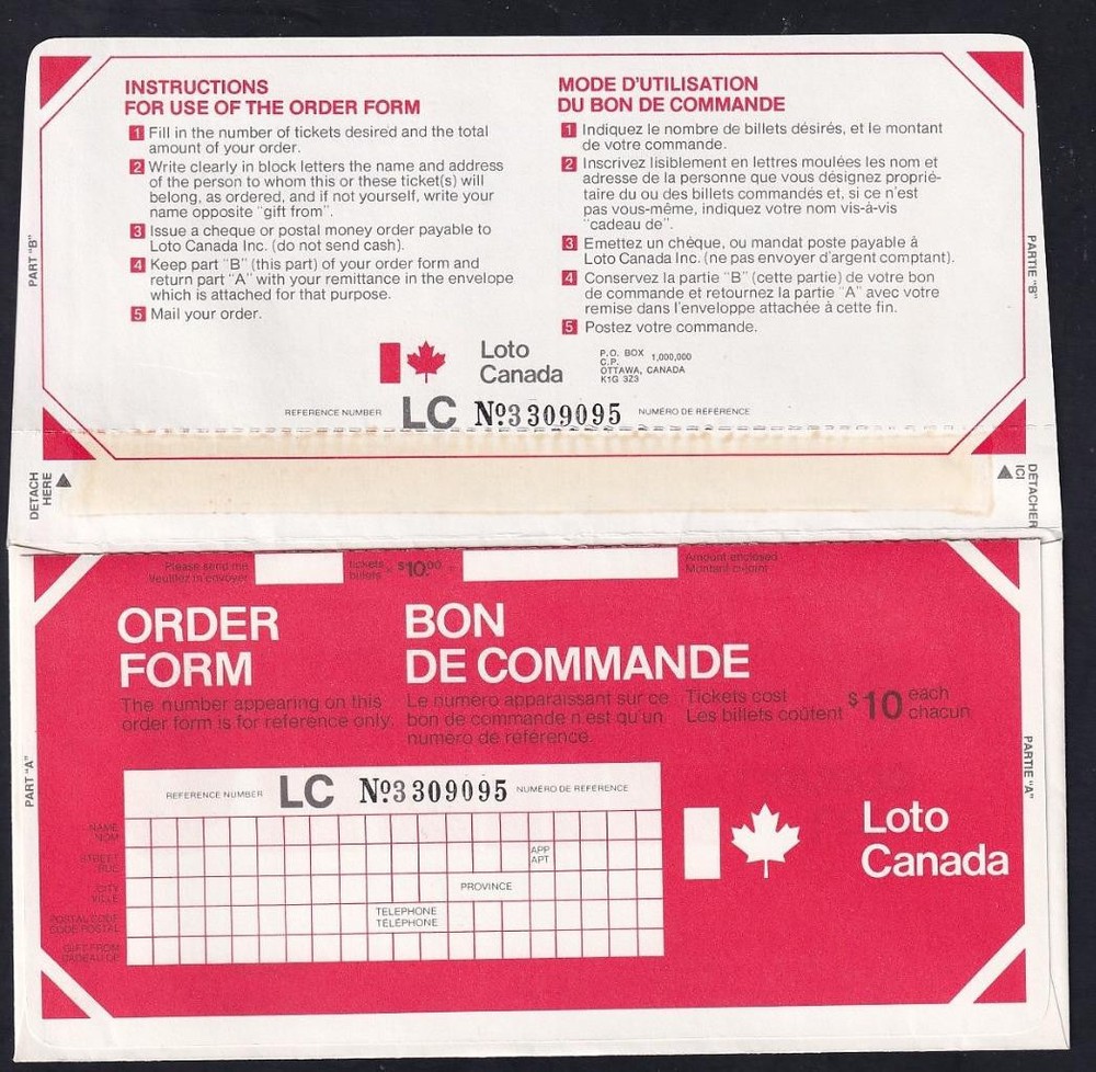 Canada vintage $Million numbered Loto Order Form