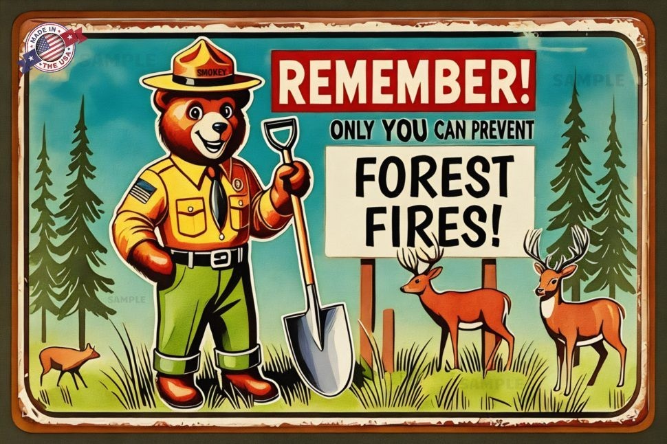 SMOKEY BEAR ALL WEATHER METAL SIGN 8X12 FOREST SERVICE LOG CABIN RUSTIC DECOR