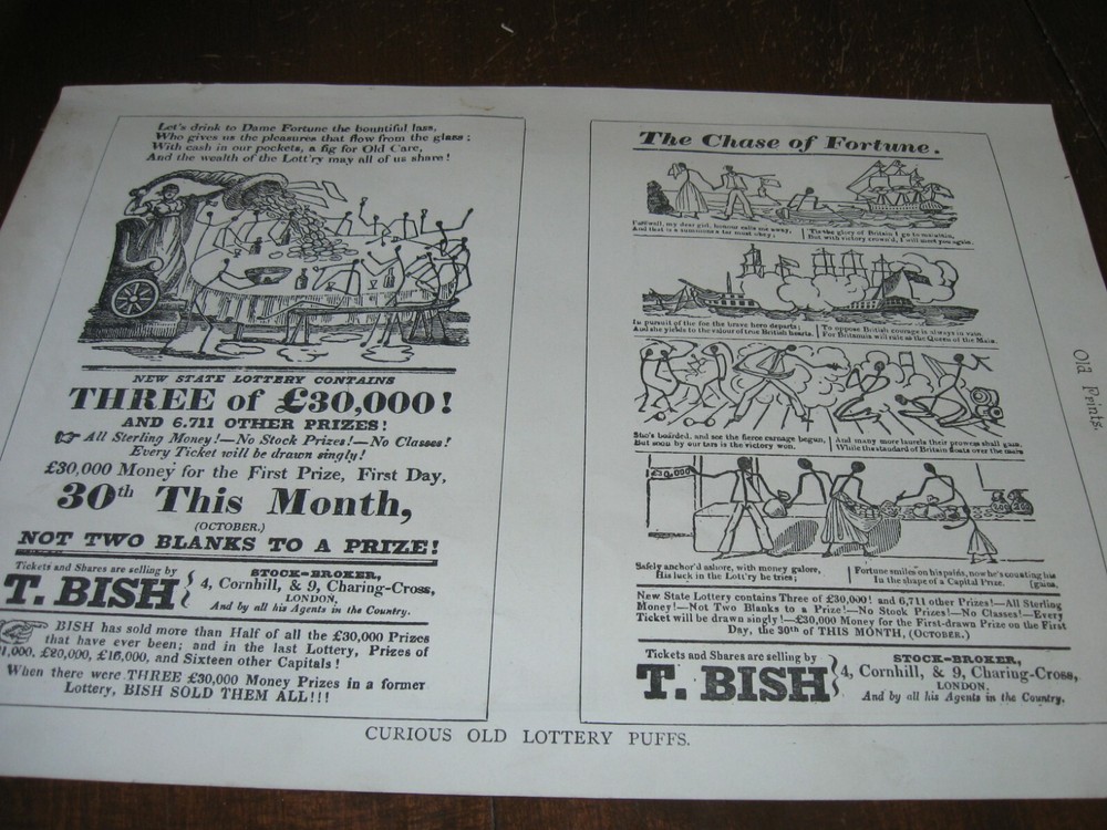 1894 Art Print Engraving – Advertising for LOTTERY Ad Puffs FORTUNE Playbill Ads