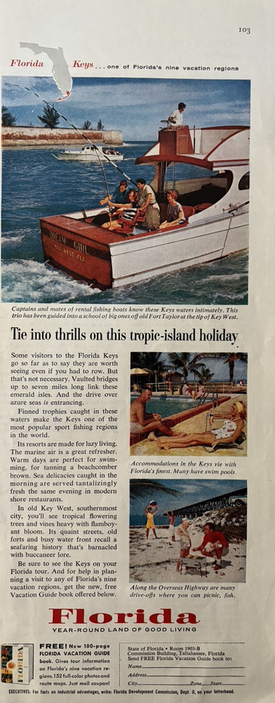 1959 State Of Florida Tourism Tallahassee Tropic Island Holiday VTG PRint Ad