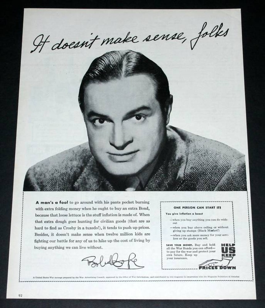 1945 OLD WWII MAGAZINE PRINT AD, HELP KEEP PRICES DOWN & WIN THE WAR, BOB HOPE!