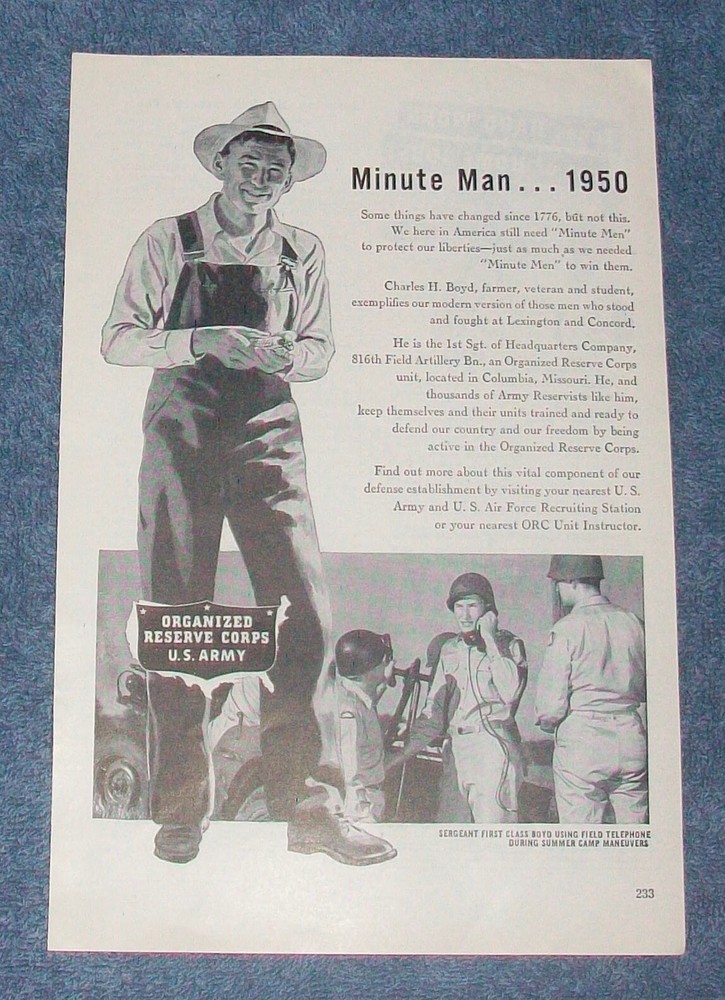 1950 U.S. Army Organized Reserve Corps Vintage Recruitment Ad «Minute Man…»