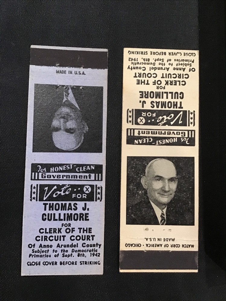 Vote Thomas J Cullimore Clerk of Circuit Court Matchbook Cover Pair