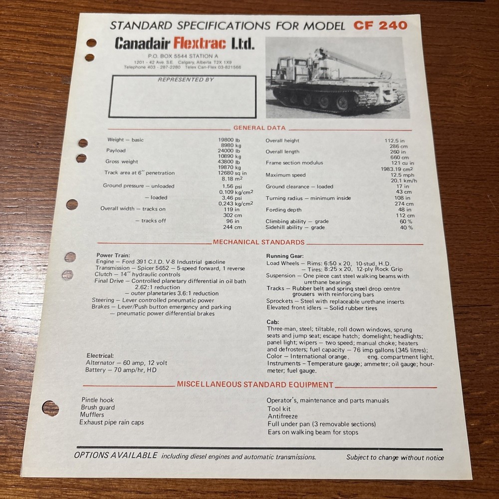 VTG 1974 Canadair Flextrac CF 240 Canadian Military Vehicle Marketing Sheet