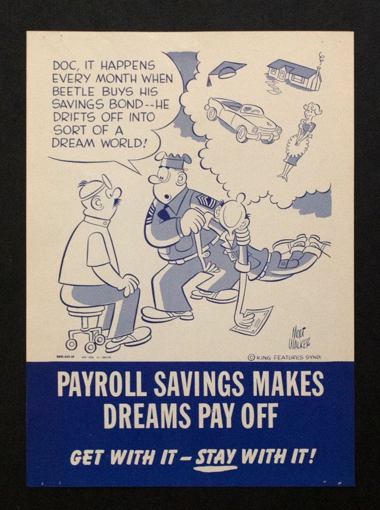 1956 Beetle Baily US Treasury Payroll Savings Cartoon Poster Mort Walker Vintage