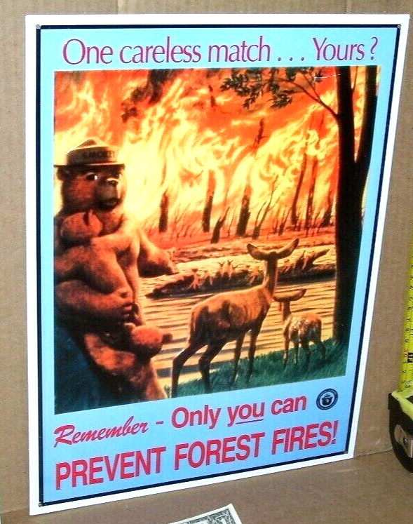 SMOKEY BEAR Only You Can Prevent FOREST FIRES SIGN – Deer Cub Fawn Watching Fire