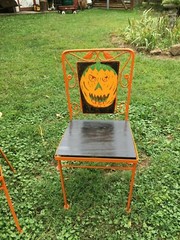 Carnival folk Art Haunted House Cast Iron Wood Back Halloween Chair Set Of 4