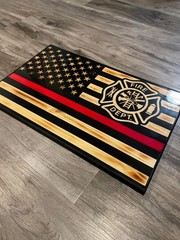 Fire Department American Flag! 24″ X 16″ CNC Machined Rustic Wooden