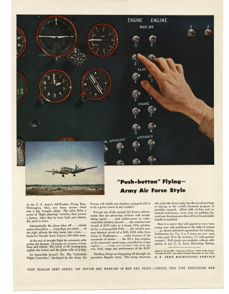 1946 US Army Air Force Recruiting Enlistment airplane dashboard Vintage Print Ad