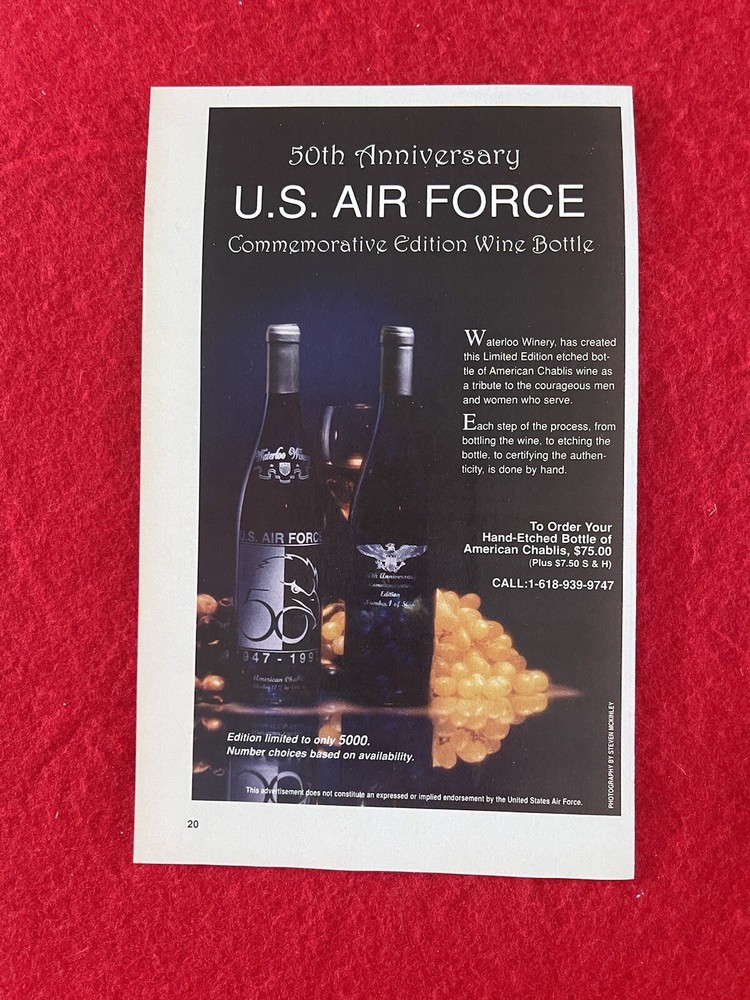 Vintage 1997 U.S. Air Force 50th Anniversary Commemorative Wine Bottle Print Ad