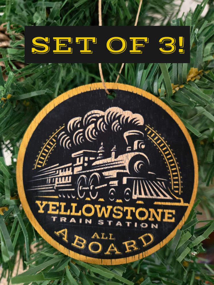 (3) SET OF 3 ASPEN ORNAMENTS (3″ DIAMETER) YELLOWSTONE TRAIN STATION RIP BETH