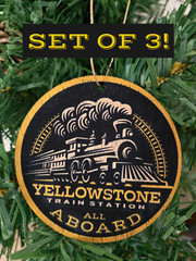 (3) SET OF 3 ASPEN ORNAMENTS (3″ DIAMETER) YELLOWSTONE TRAIN STATION RIP BETH