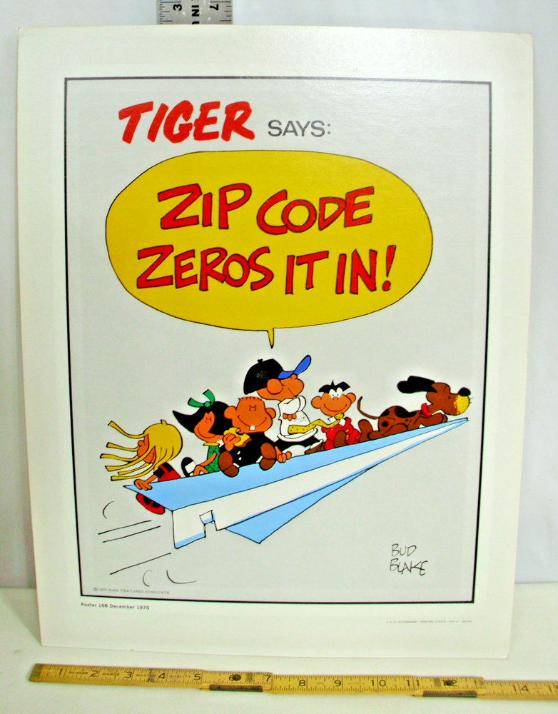 US POST OFFICE SIGN BUD BLAKE TIGER SAYS ZIP CODE ZEROS IT IN SIGN 1970