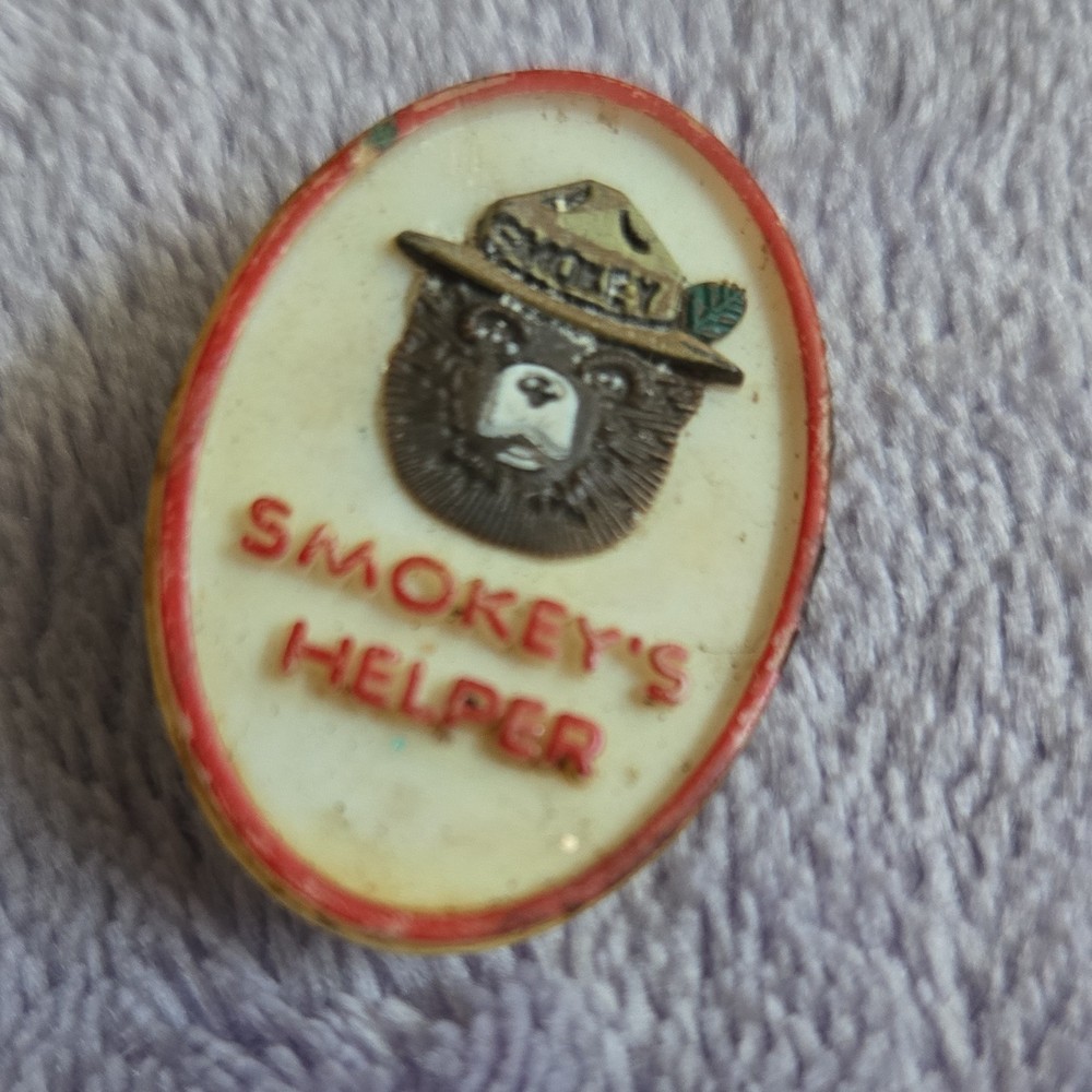 Smokey Bear Smokey’s Helper Pin White Brown Red Government Theme