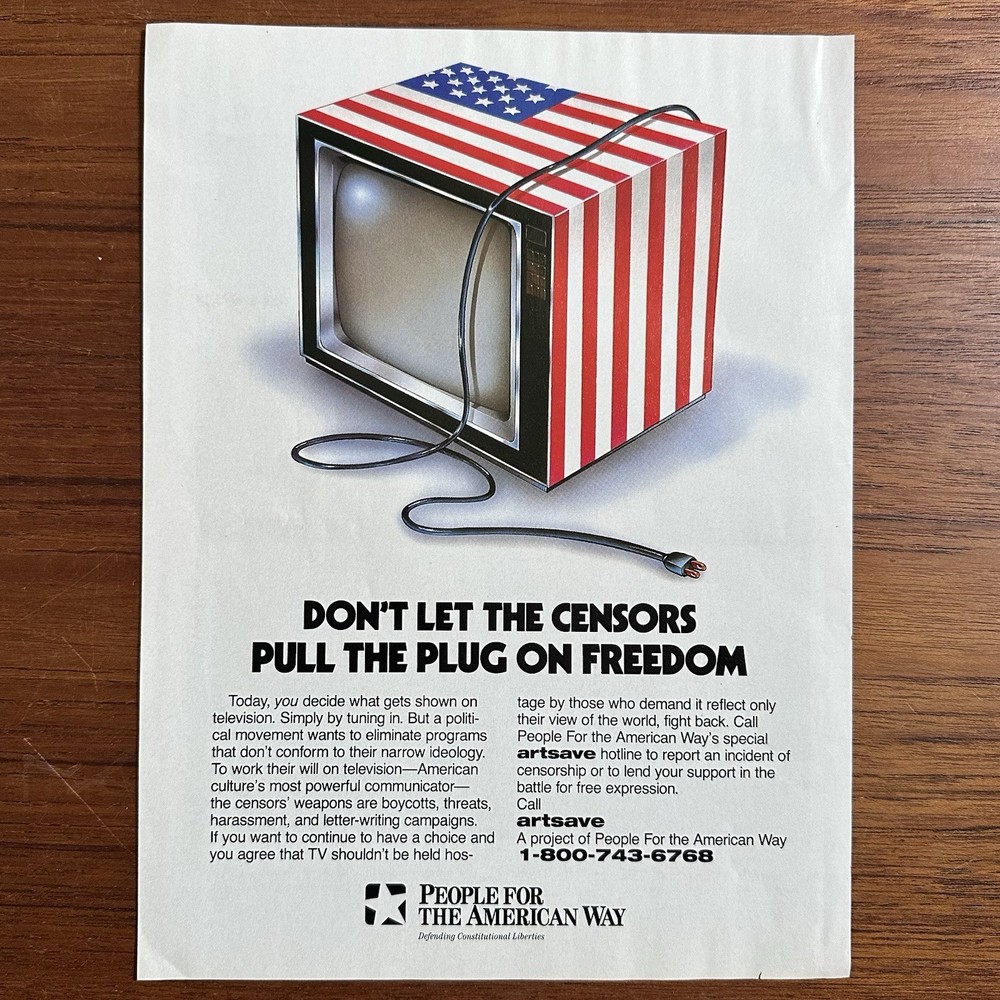 1993 People for the American Way Vintage Print Ad Censorship US Flag