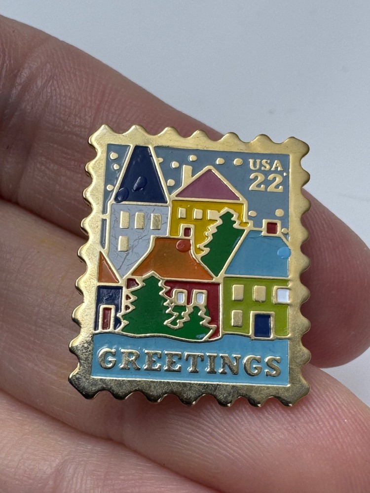 Vintage USA 22c Greetings Stamp Lapel Pin Colorful Houses Christmas Postage
