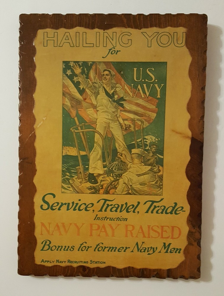 Original 1973 Navy Service Recruitment Poster Hailing For You Decoupaged on Wood