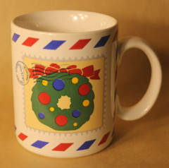 Wreath & Bells 12.25.1990 Christmas Holiday Stamp USPS Vintage Coffee Cup Mug