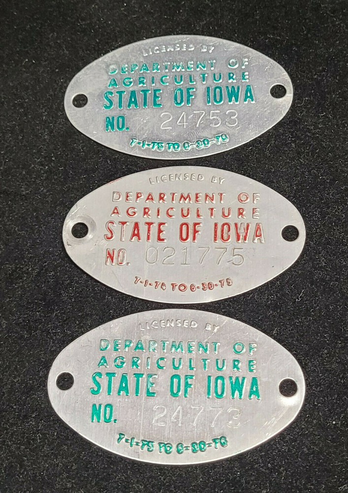 Lot of 3 Vintage Department of Agriculture State of Iowa Embossed Metal Tags L1