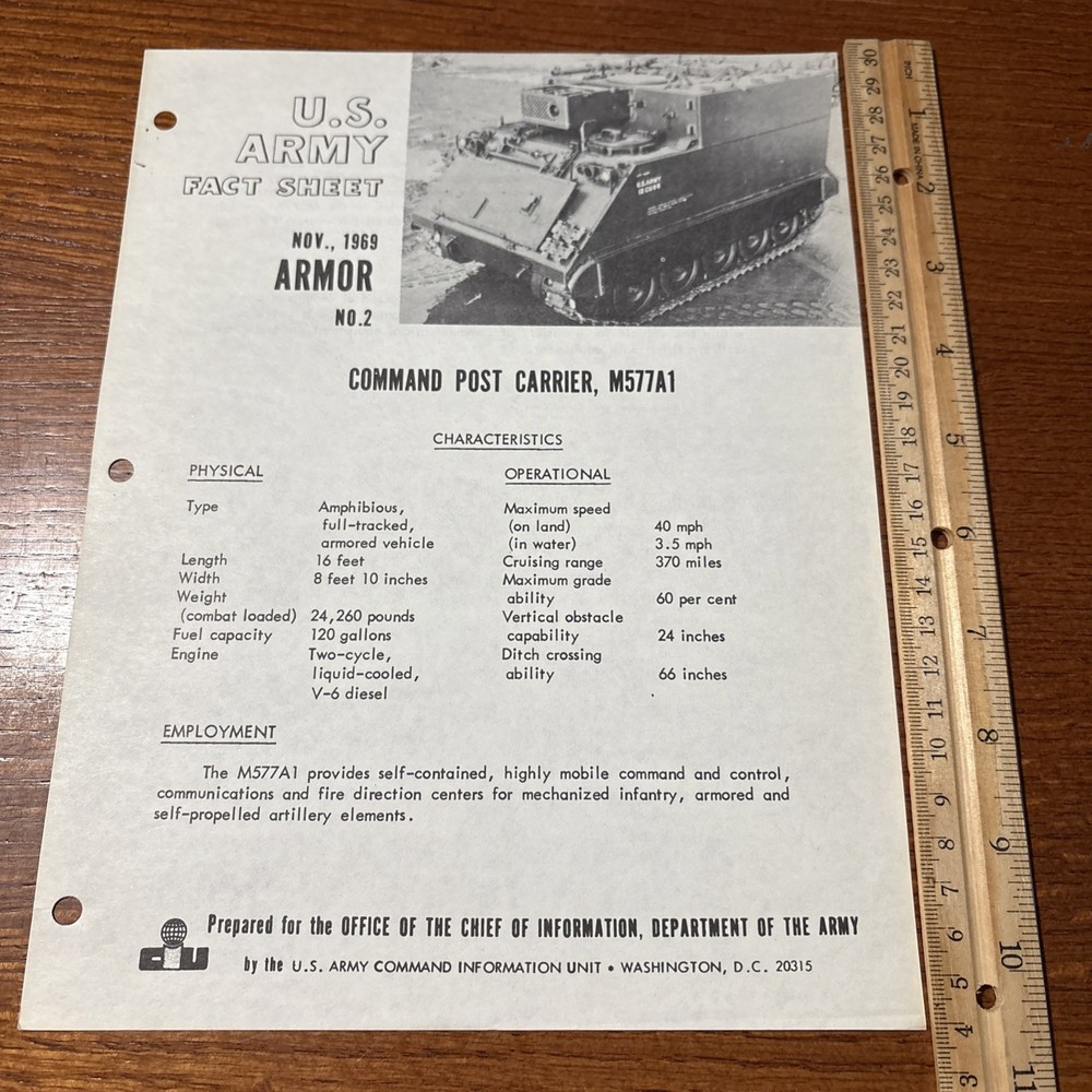 VTG 1969 U.S Army Fact Sheet Armor 2: Command Post Carrier M577A1 Military Tank