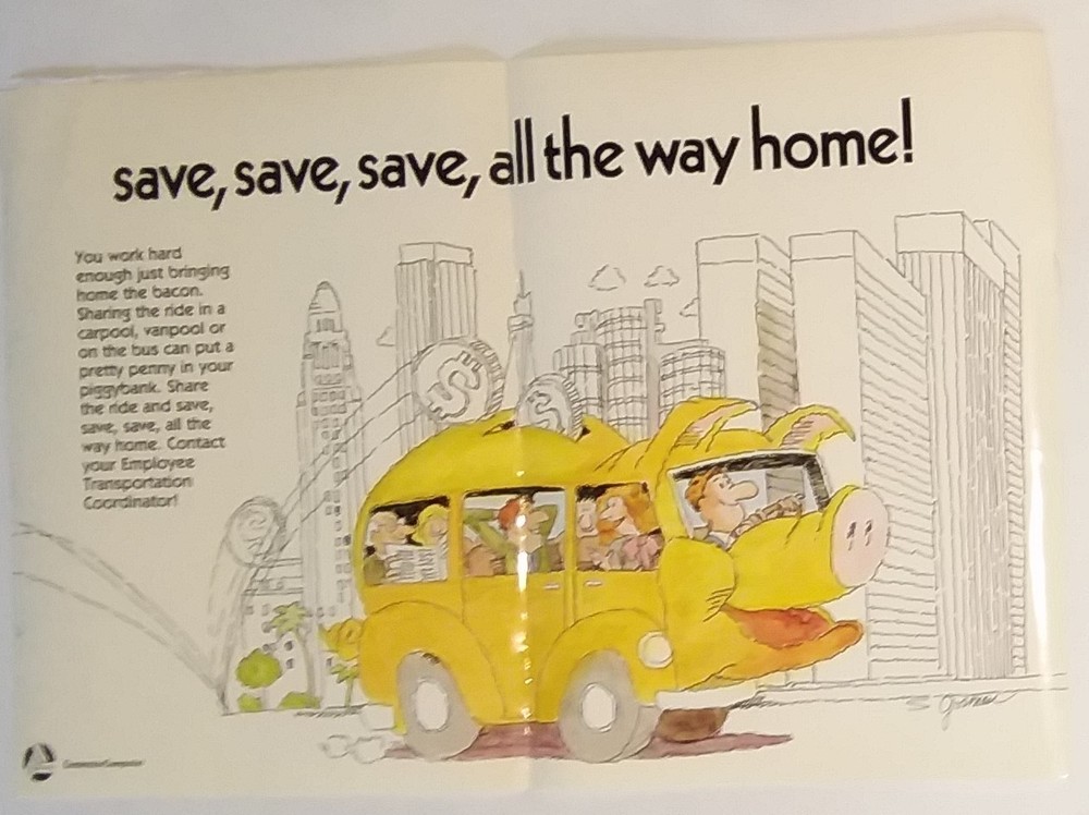 Save, Save, Save vintage ridesharing poster Commuter Computer Los Angeles