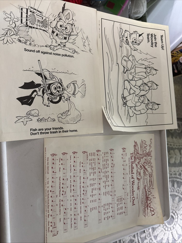 WOODSY OWL Color Pages (2) And Music Sheet Vtg