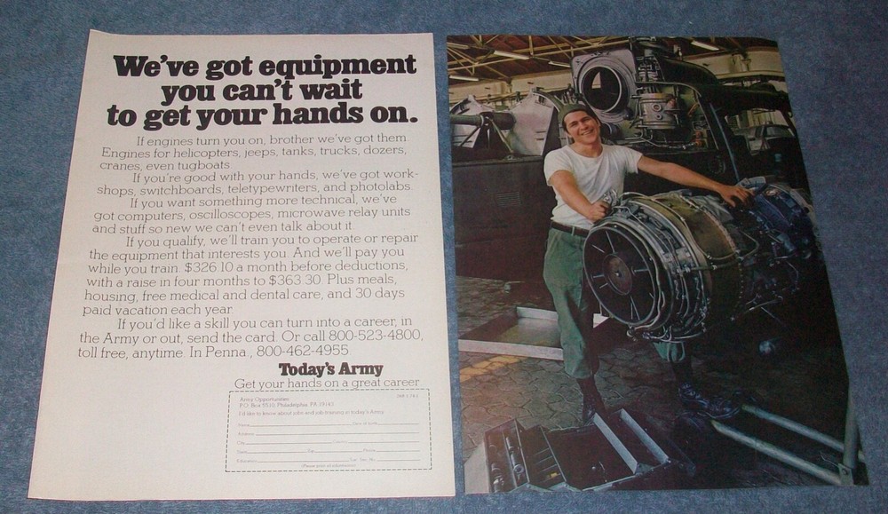 1974 United States Army Vintage 2pg Recruitment Ad «We’ve Got Equipment…»