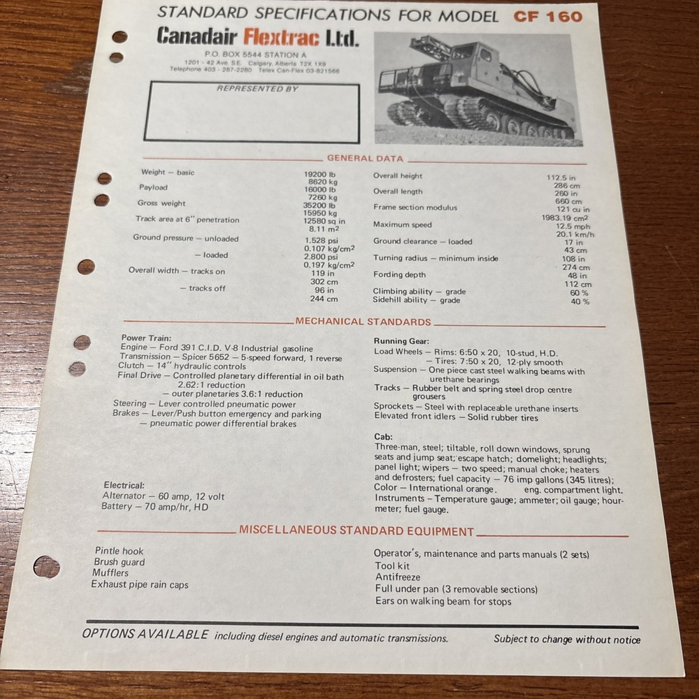 VTG 1970 Canadair Flextrac CF 160 Canadian Military Vehicle Marketing Sheet